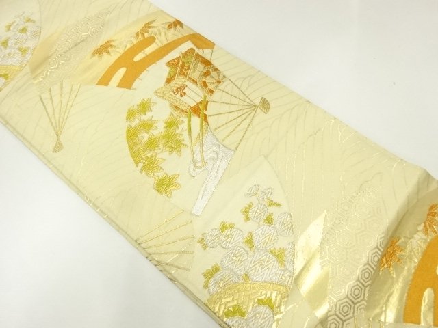 JAPANESE KIMONO / ANTIQUE FUKURO OBI / SILK / WOVEN FAN & AUTUMN LEAVES